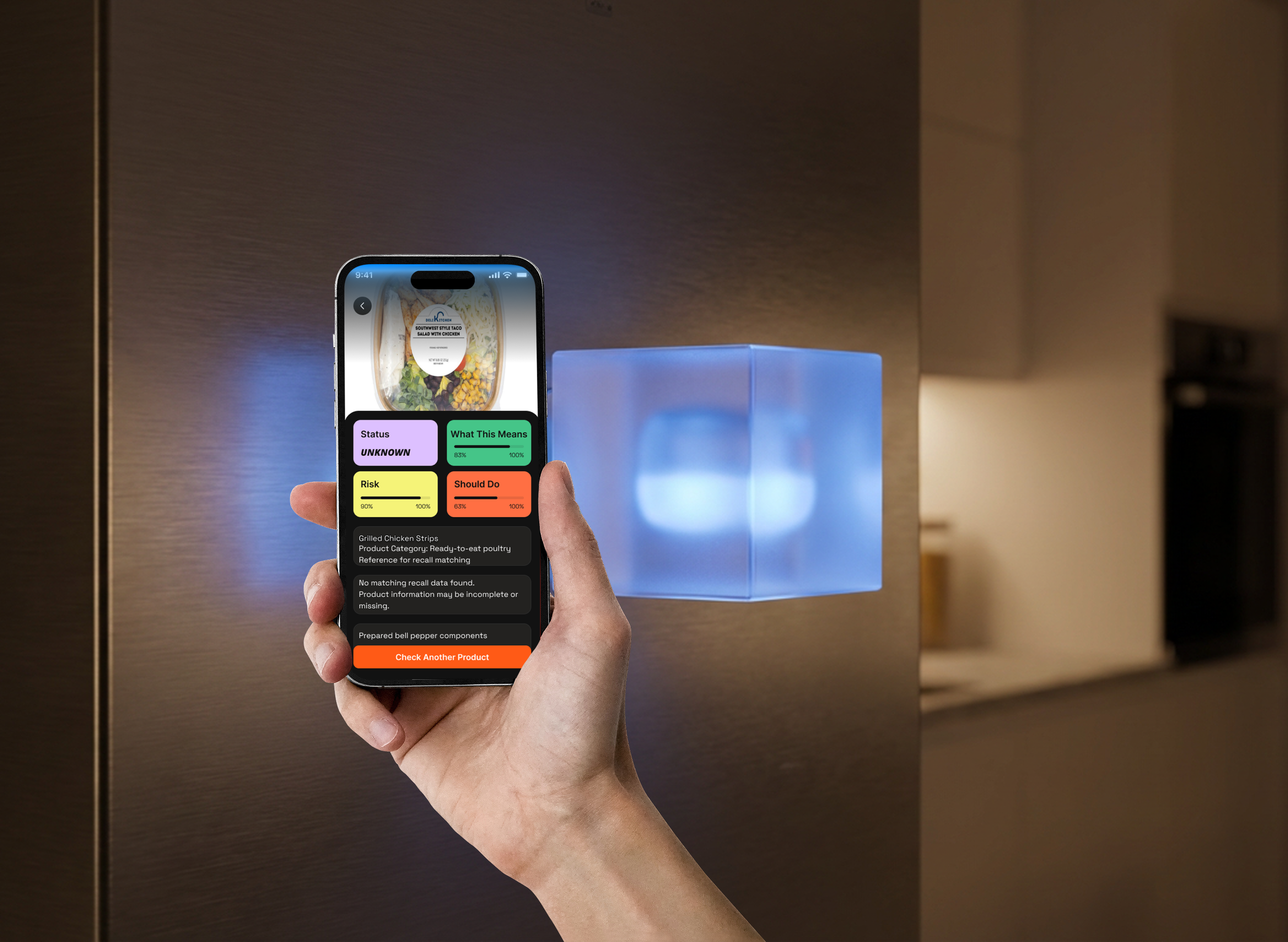 blurry photo of sunset over ocean with logo on top