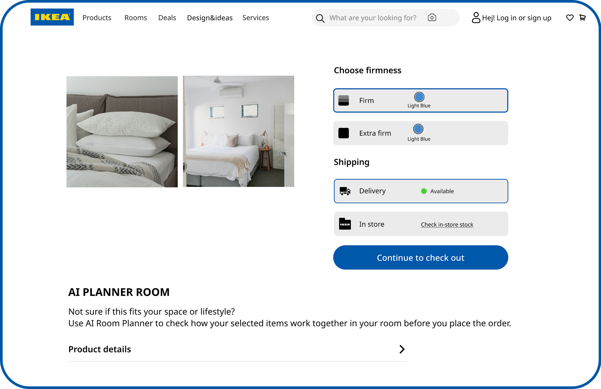IKEA-inspired checkout concept showing an optional AI Room Planner check before purchase