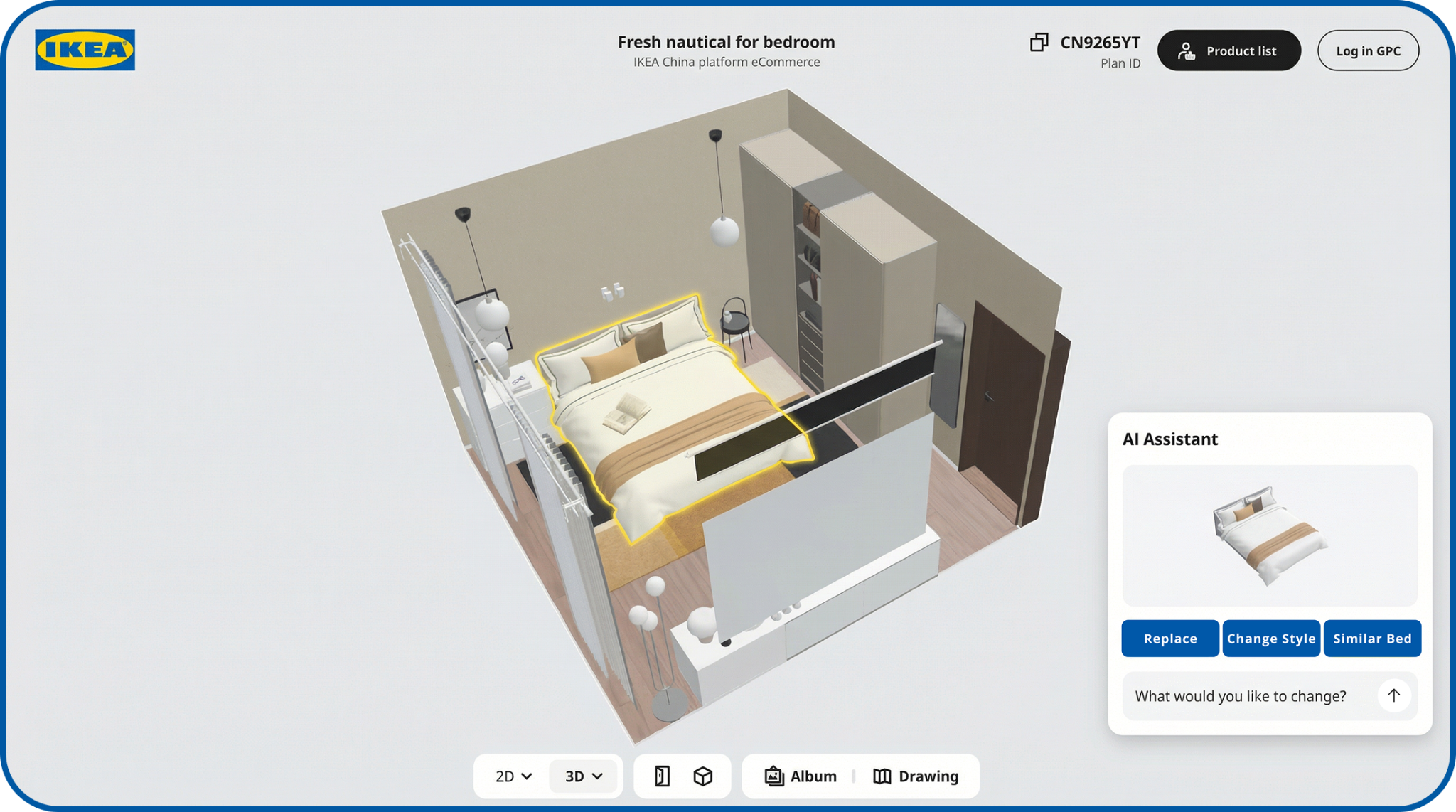 Room planning interface with AI assistant concept panel