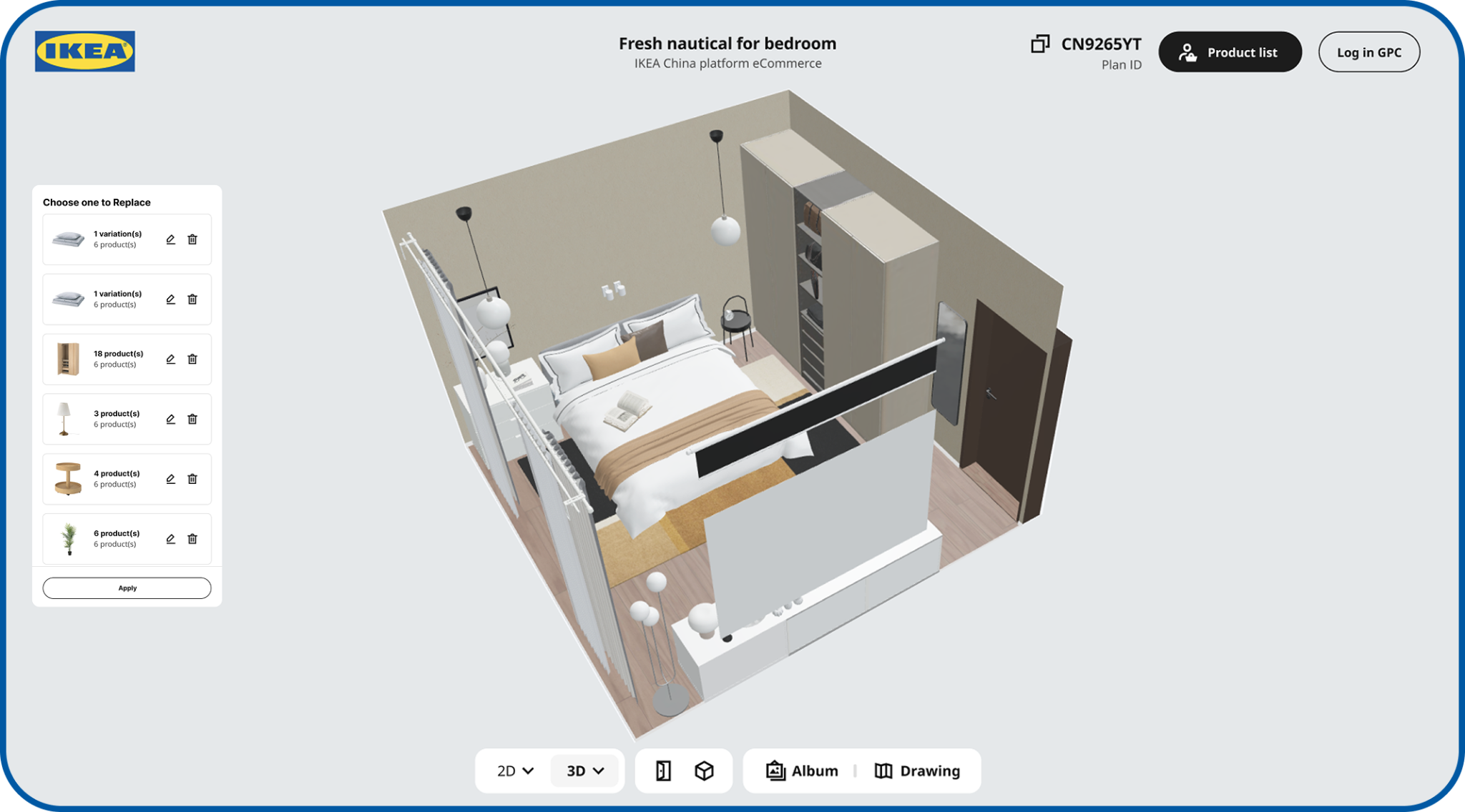 Room planning interface with list of items