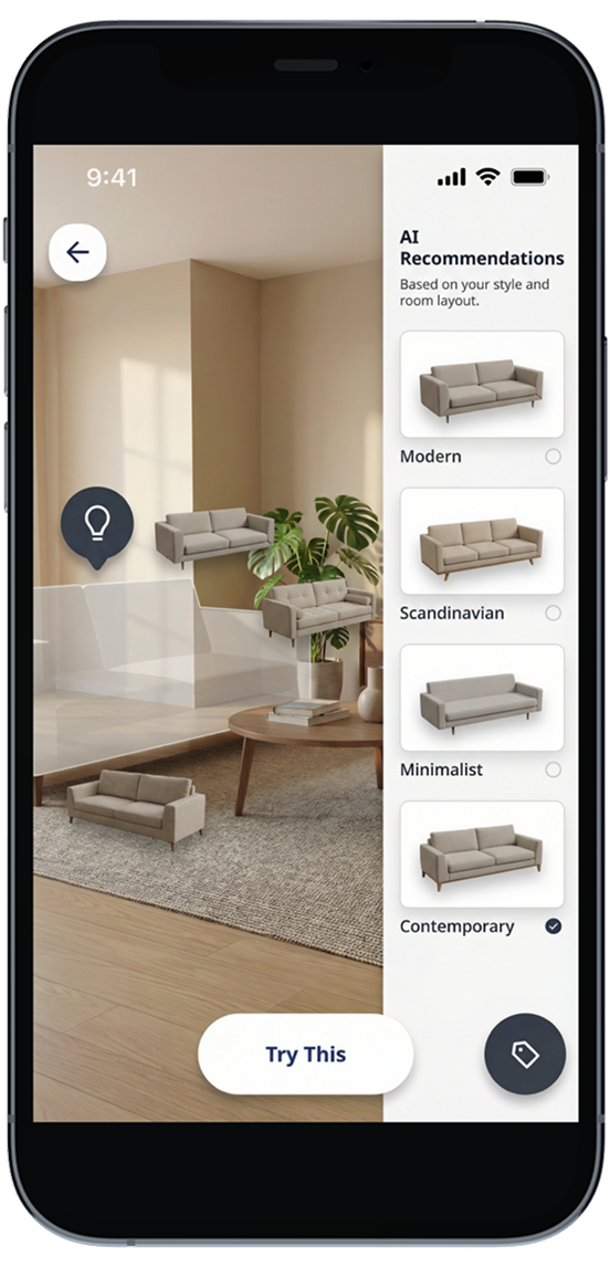 Mobile room preview with selected sofa