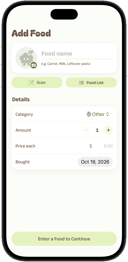 Real Add Food empty-entry screen with name, category, amount, estimated price, and purchase date inputs