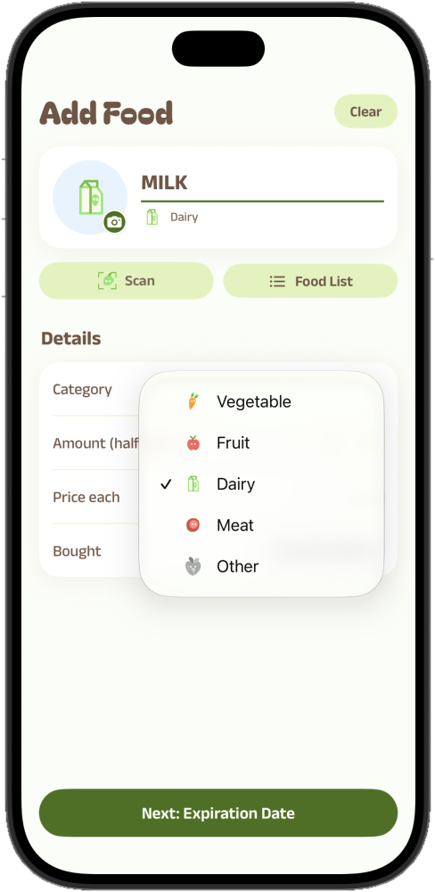 Real Add Food screen filled with MILK, category menu expanded, and Next: Expiration Date button