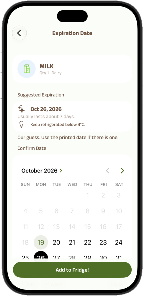 Real expiration date confirmation screen with milk item, editable calendar, and Add to Fridge button