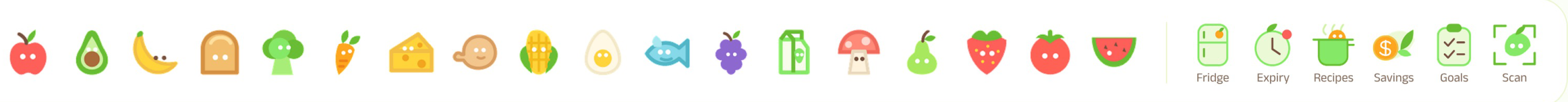 Original Freshlings illustrated food characters and functional app icons from the team design system
